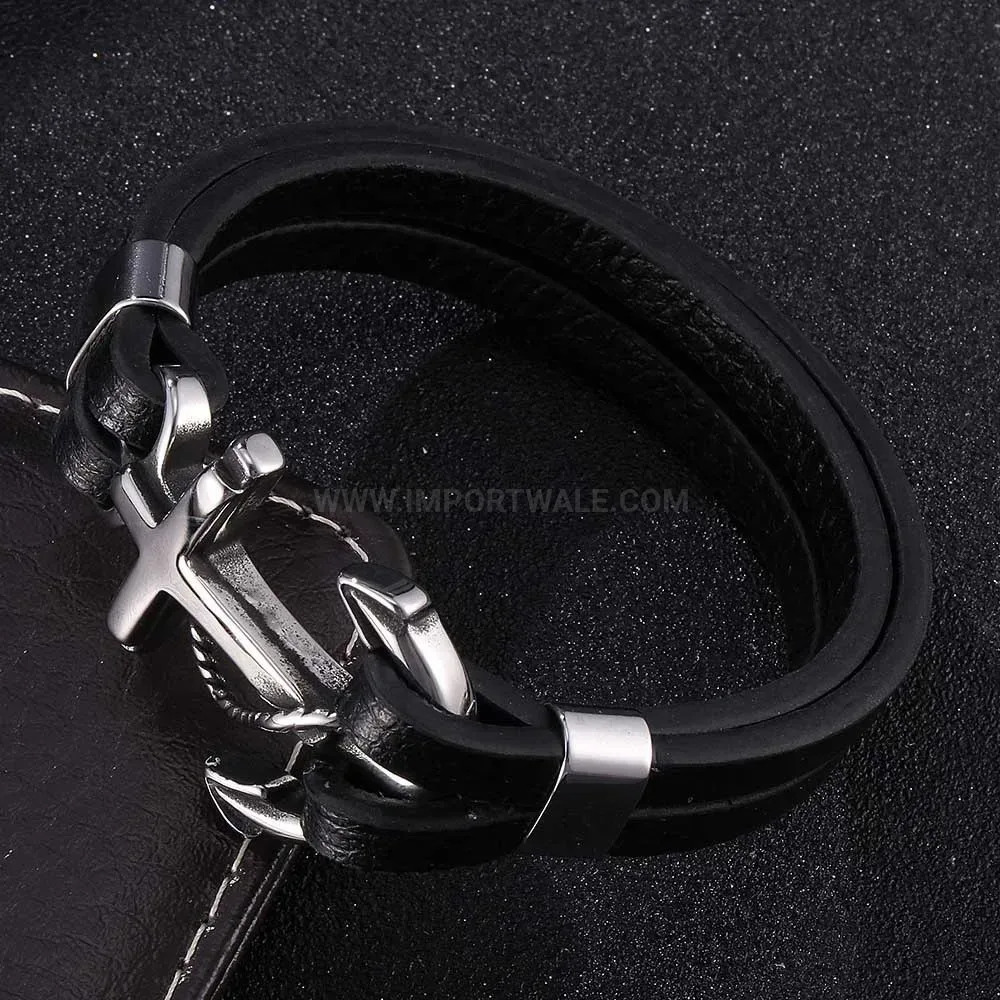 Vintage Anchor Leather Bracelet with Stainless Steel Accents