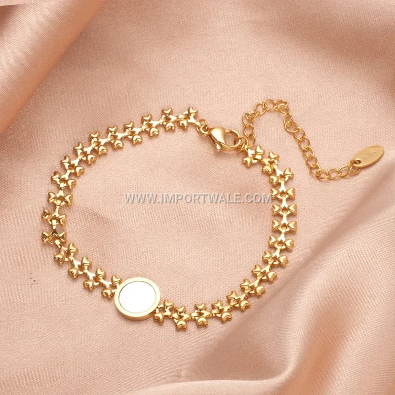 Shell Inlaid Heart Round Medallion Titanium Steel Bracelet