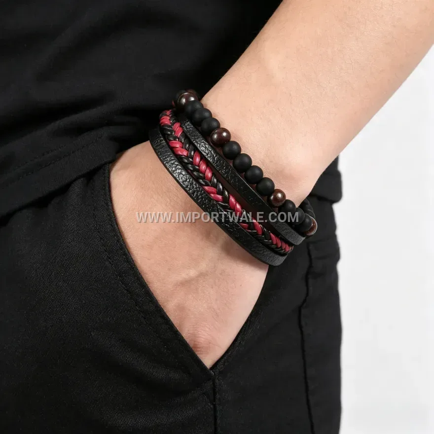 Multi-Strand Woven Leather Beaded Bracelet with Magnetic Clasp