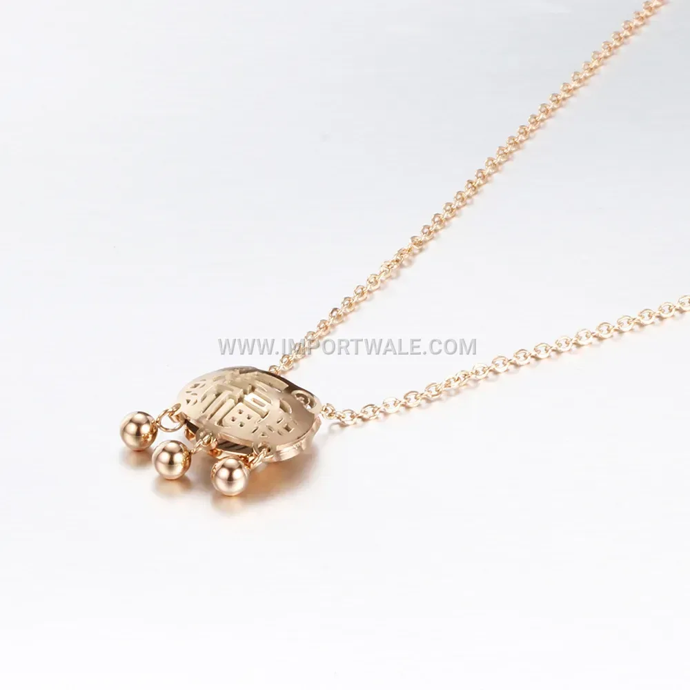 Rose Gold Stainless Steel Longevity Lock Pendant Necklace