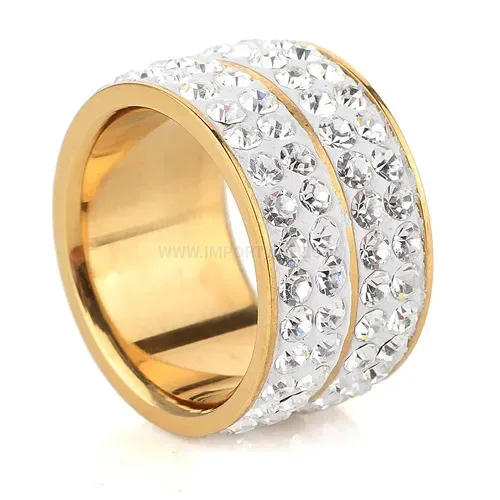 Double Row Rhinestone Wide Stainless Steel Band Ring