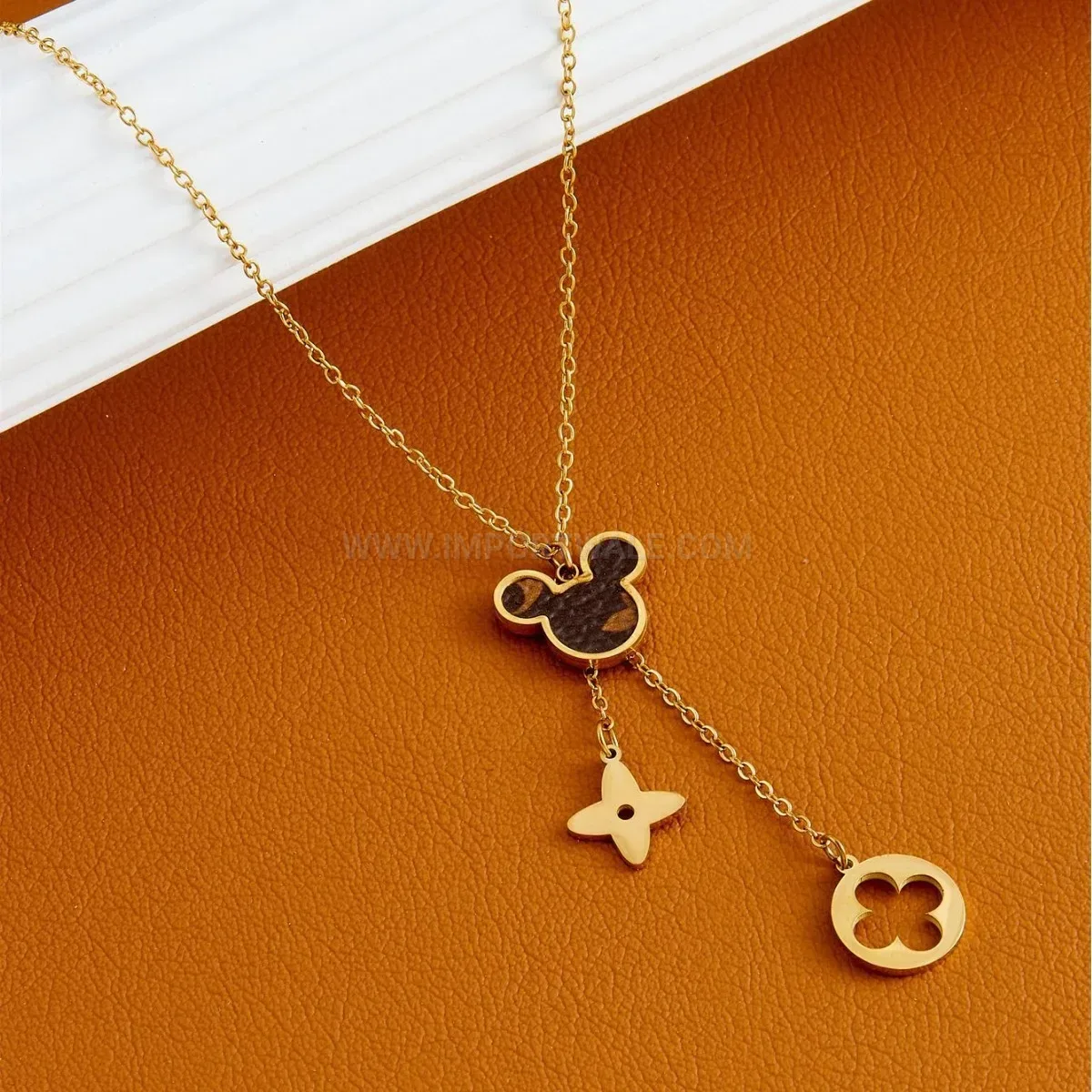 Trendy Titanium Steel Leather Mickey Pendant Necklace