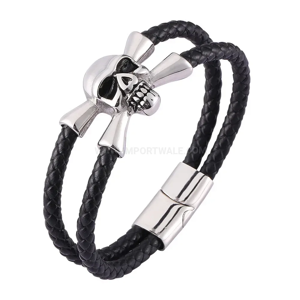Stainless Steel Skull Accent Vintage Leather Bracelet