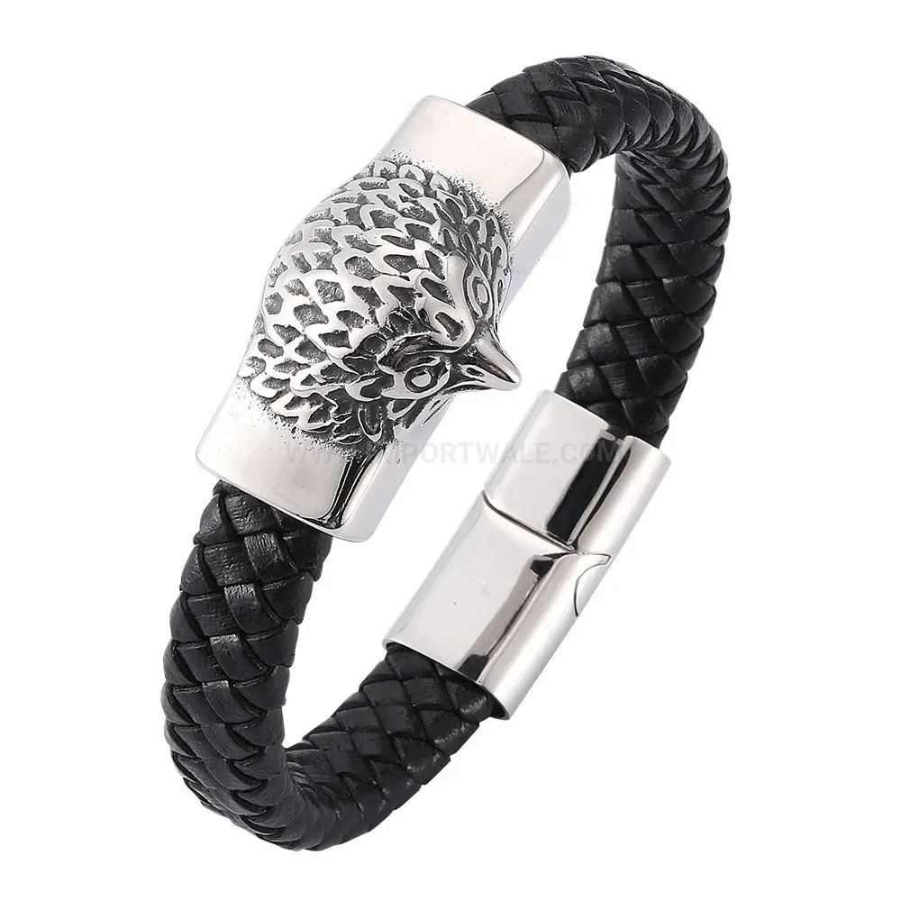 Eagle Head Woven Leather Stainless Steel Bangle Bracelet