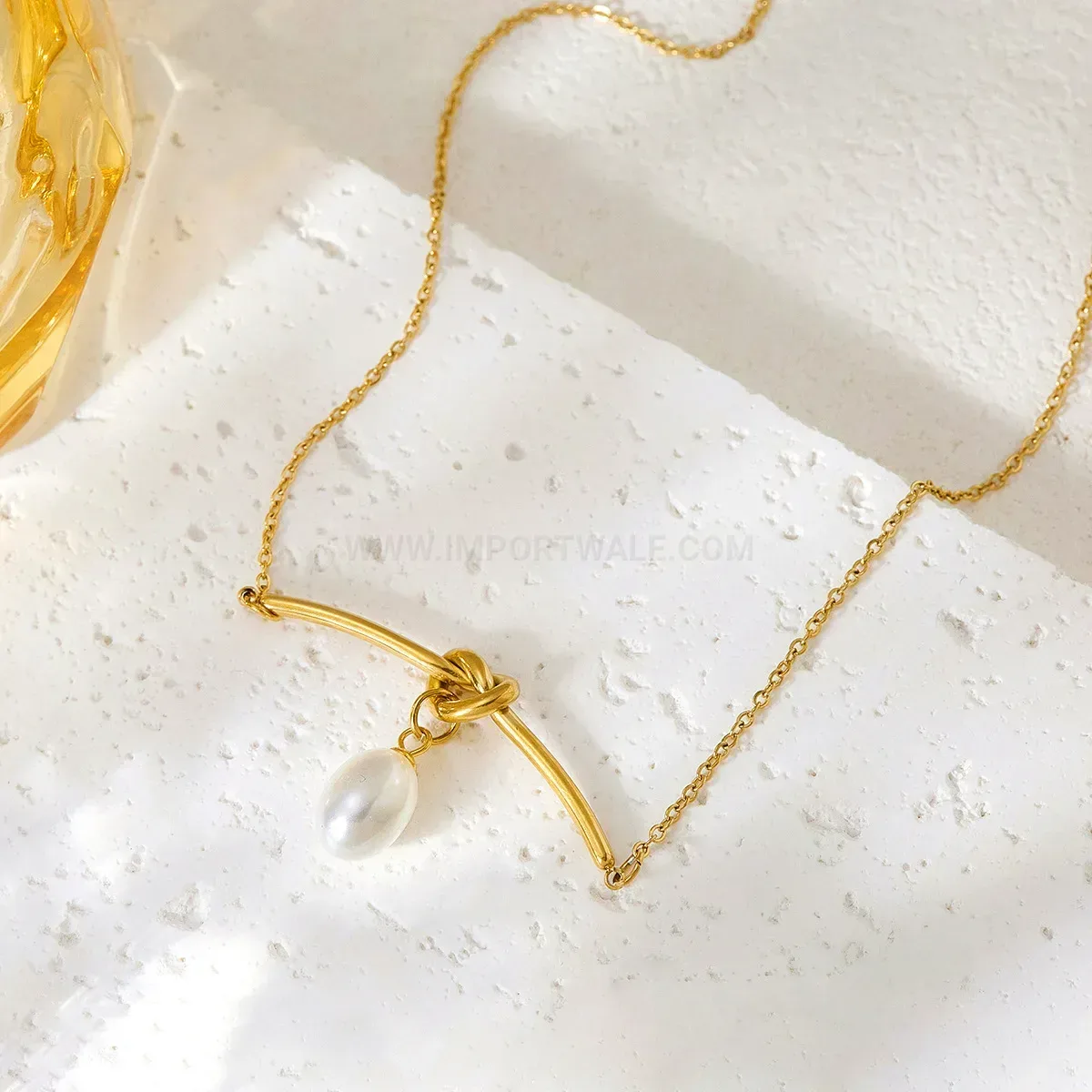 Fashion Gold Pearl Knot Bowknot Stainless Steel Pendant Necklace