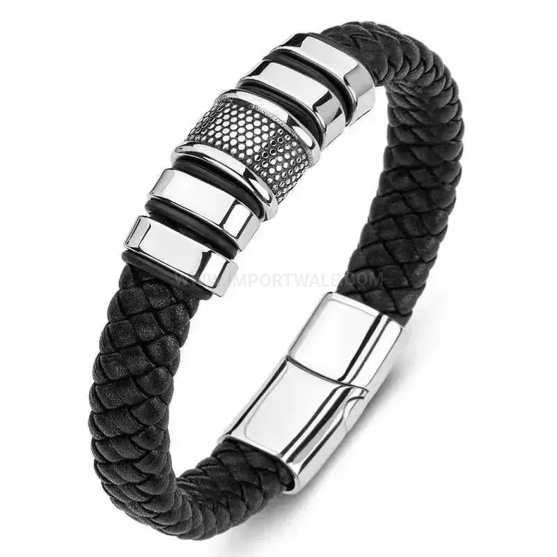 Elegant Woven Black Leather Cord Bracelet with Metallic Clasp