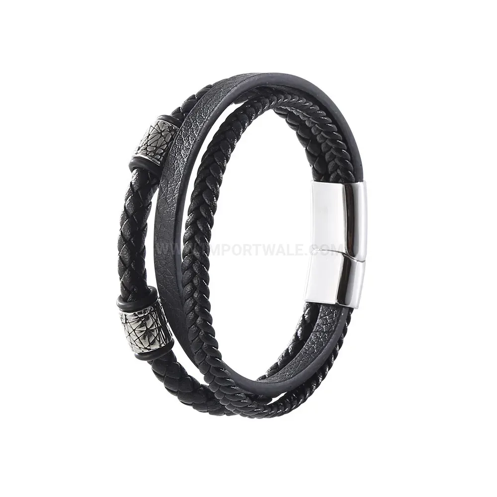 Multilayer Woven Microfiber Leather Bracelet with Stainless Steel Accents