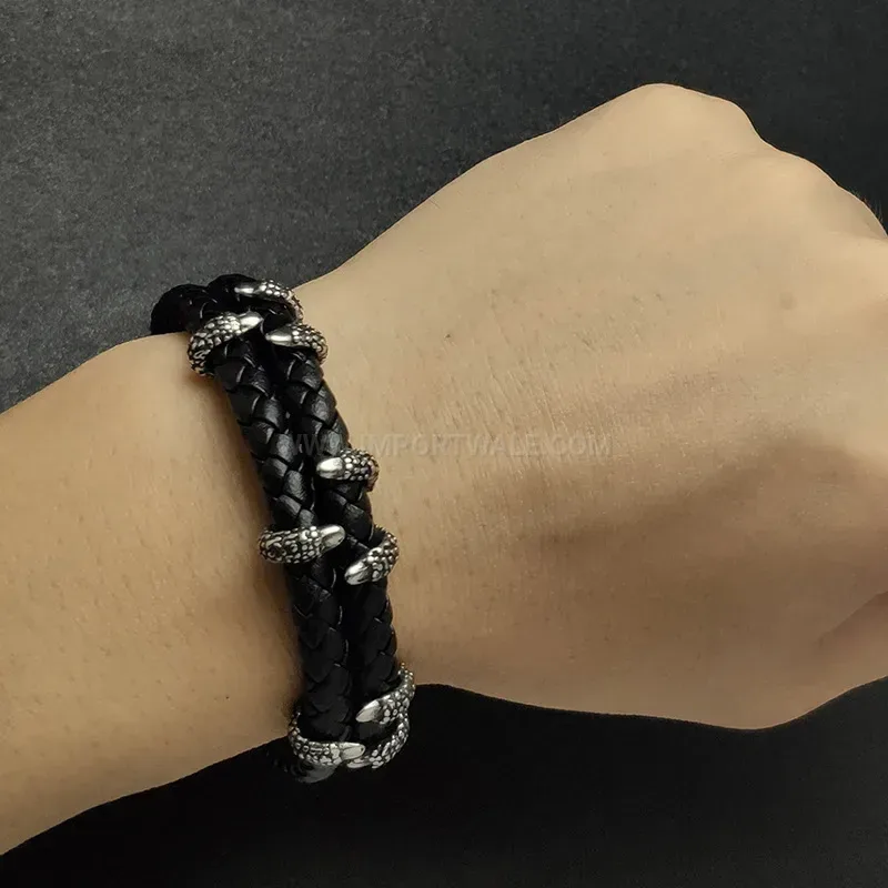Modern Claw Accent Braided Leather Stainless Steel Men Cuff Bracelet