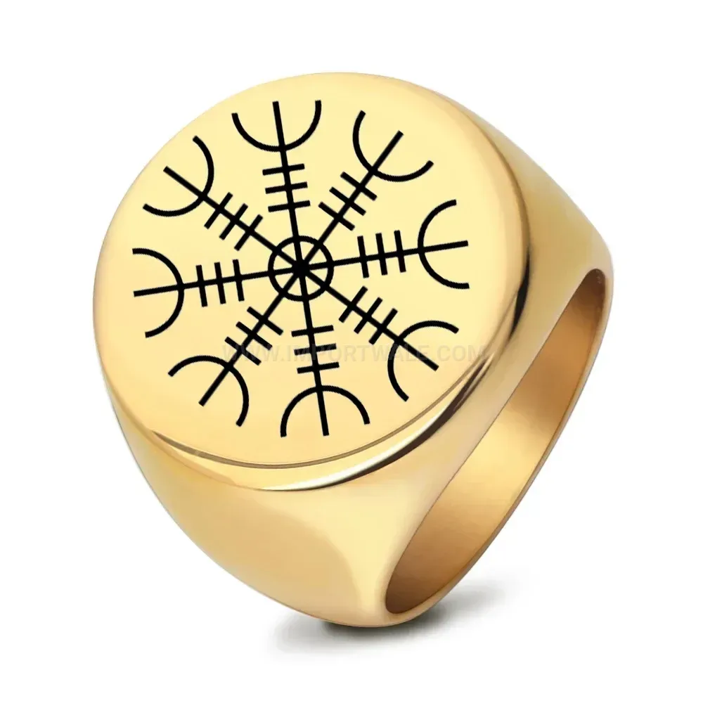 Modern Laser Engraved Symmetrical Rune Motif Vintage Steel Ring