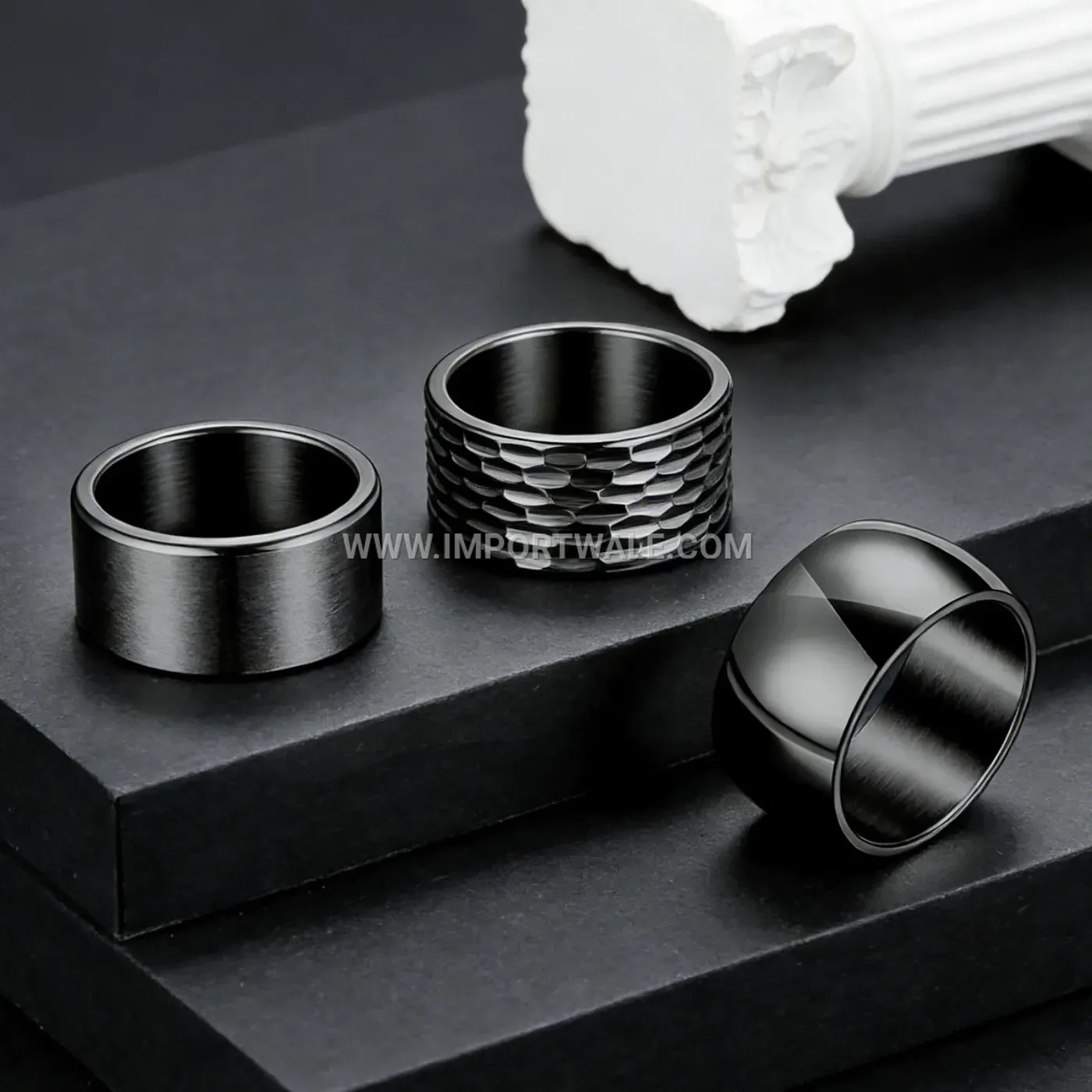 Hammered Finish Wide Stainless Steel Ring Trio