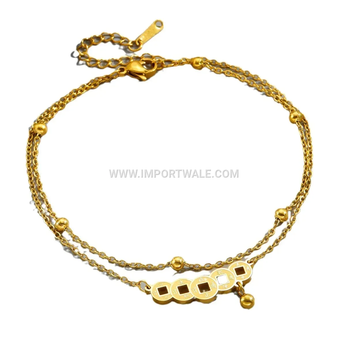Gold Titanium Steel Layered Coin Motif Anti Tarnish Anklet