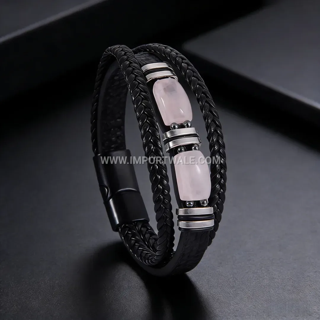 Natural Gemstone Stacked Leather Bracelet with Magnetic Clasp