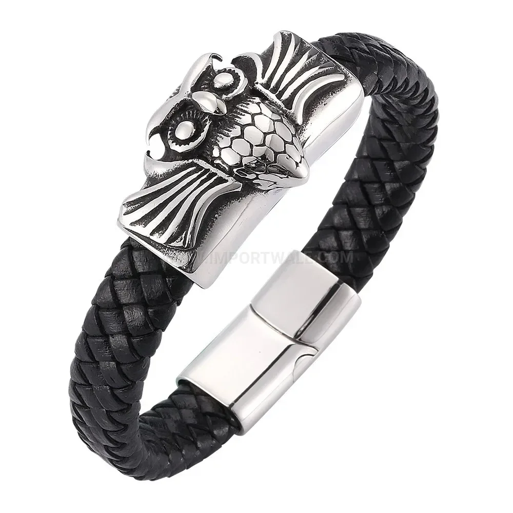 Classic Stainless Steel Owl Charm Black Leather Magnetic Bracelet