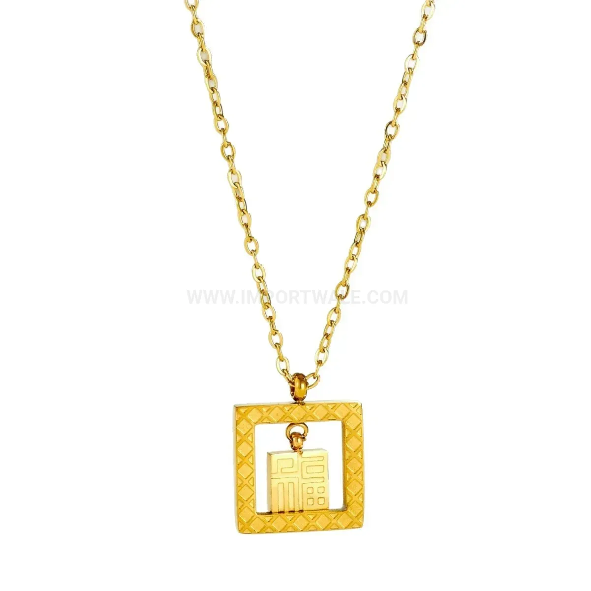 Chic Gold Stainless Steel Openwork Character Square Pendant Necklace