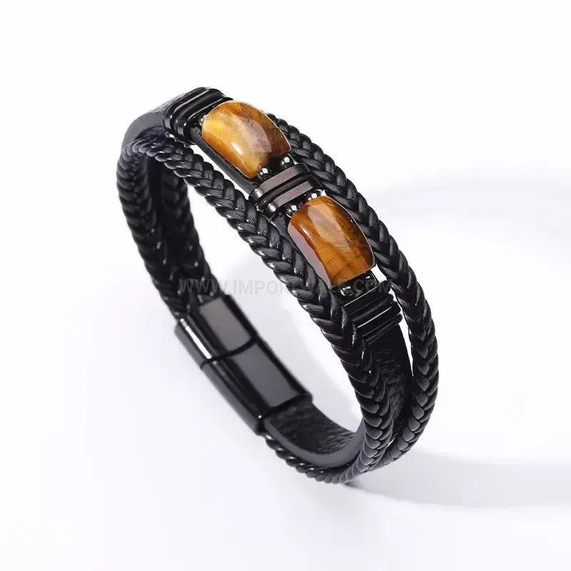Chic Double Layer Leather Bracelet With Natural Tiger Eye Beads