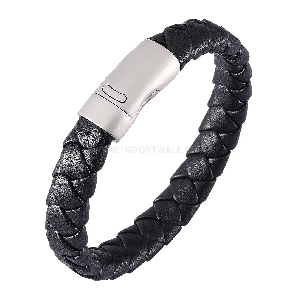 Woven Pattern Leather Bracelet with Stainless Steel Magnetic Closure