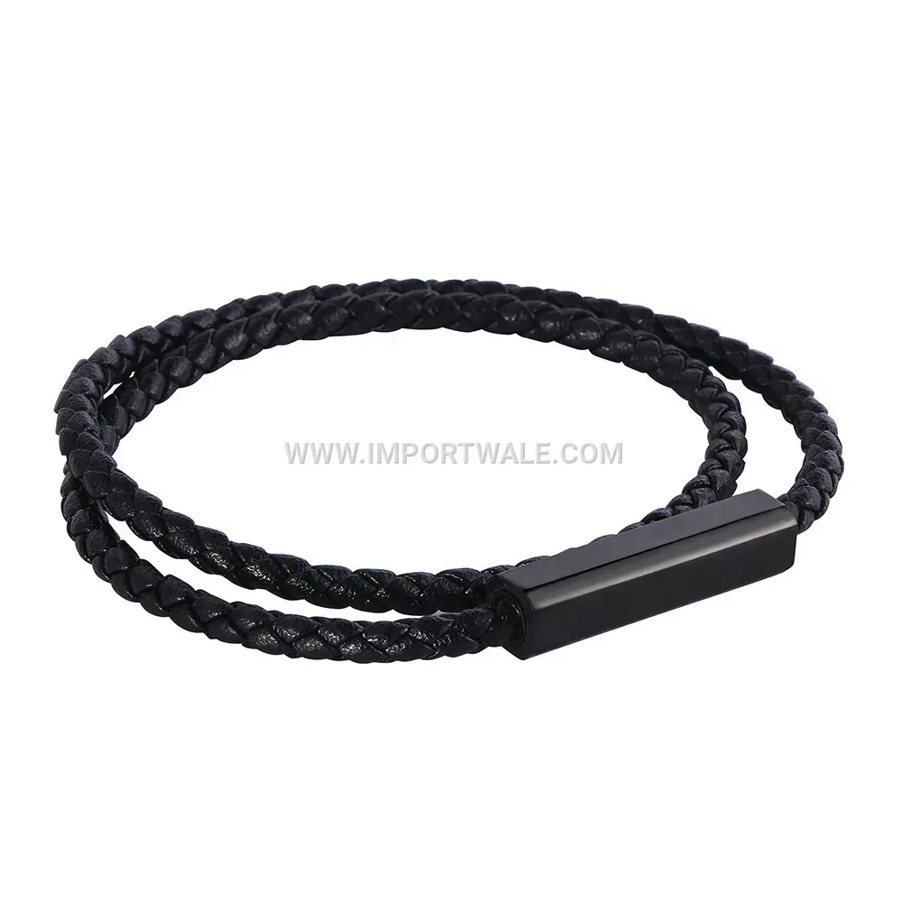 Dual Layer Woven Leather Bracelet with Stainless Steel Magnetic Clasp