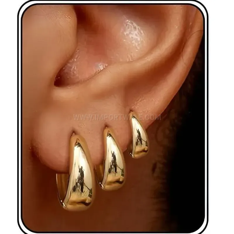 Bold Teardrop Gold Plated Stainless Steel Hoop Earrings Set