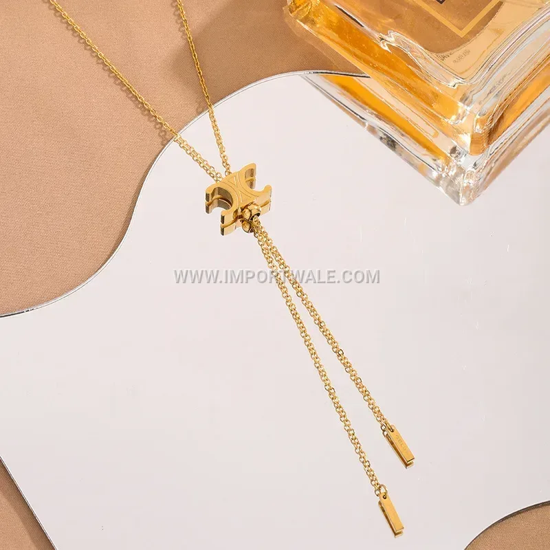 Long Golden Tassel Pendant Titanium Steel Sweater Necklace