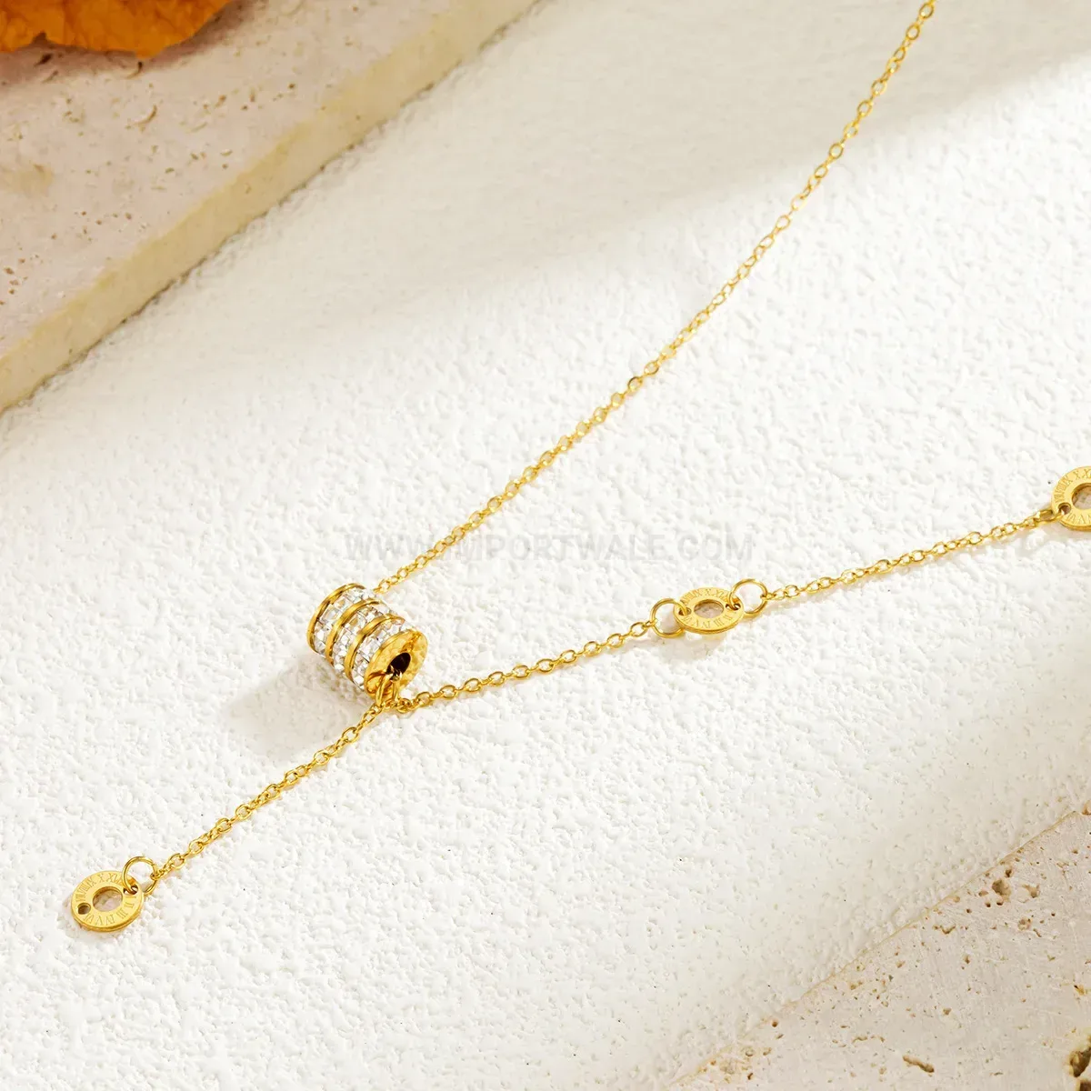 Trendy 18K Gold Plated Coin and Tassel Stainless Steel Crystal Pendant Necklace