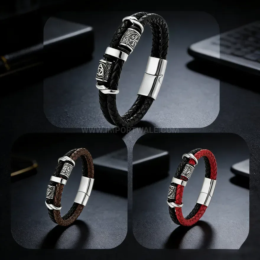 Modern Viking Totem Woven Leather Magnetic Wristband Bracelet