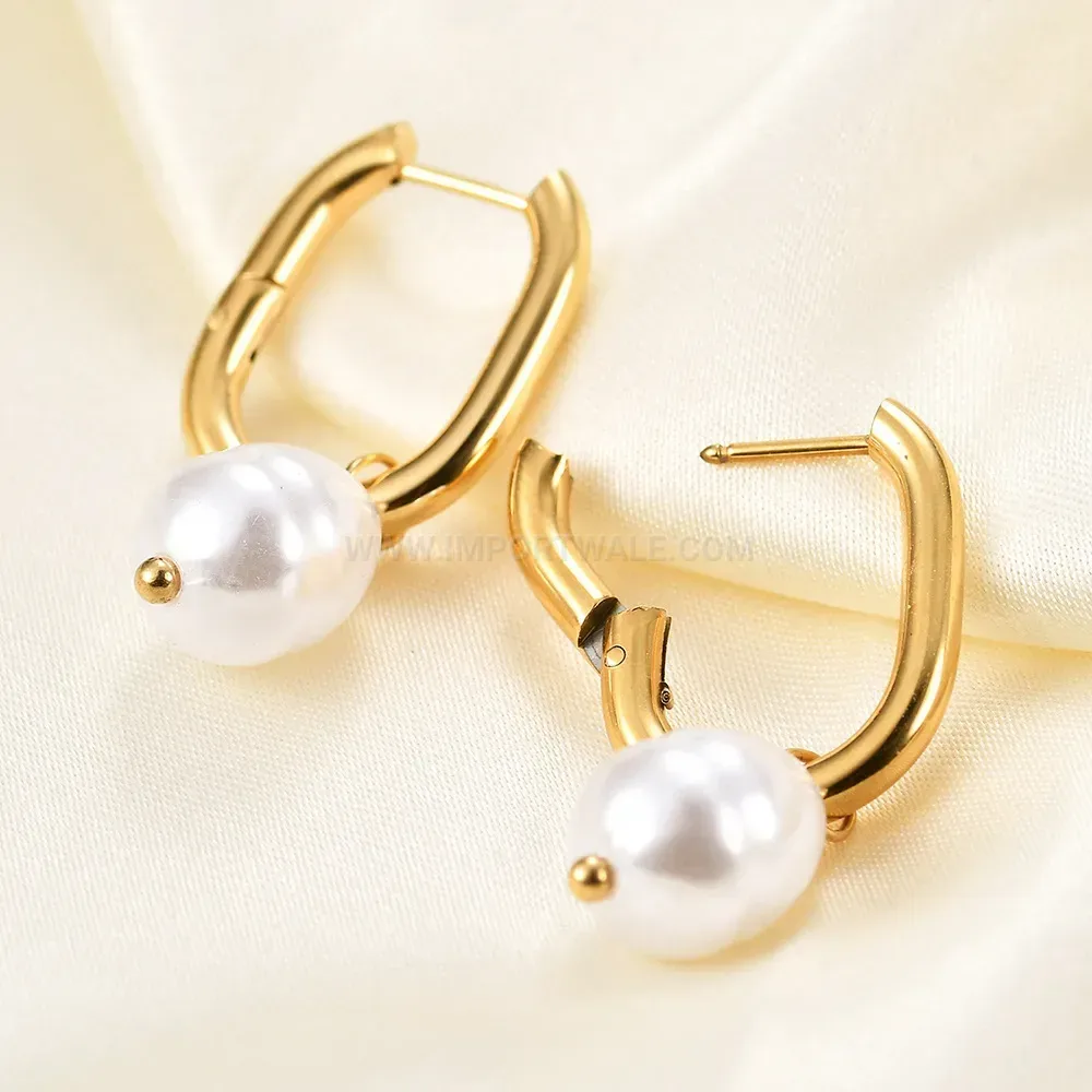 Trendy Faux Pearl U-Shaped Stainless Steel Huggie Earrings