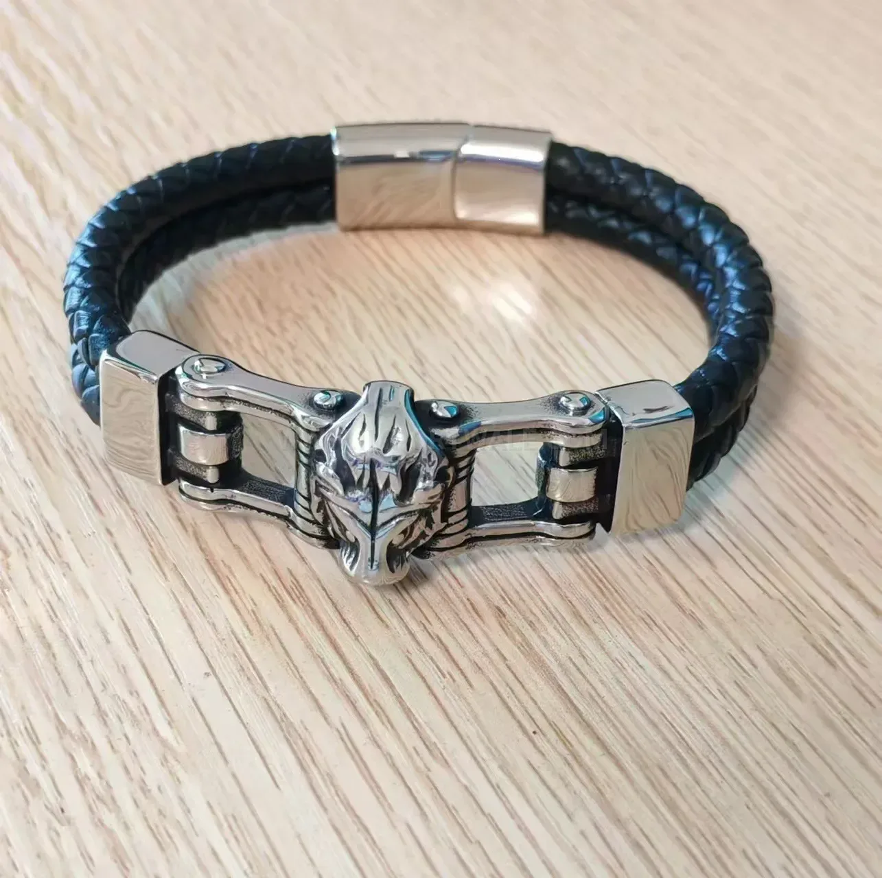 Sculpted Lion Head Stainless Steel Magnetic Leather Bracelet