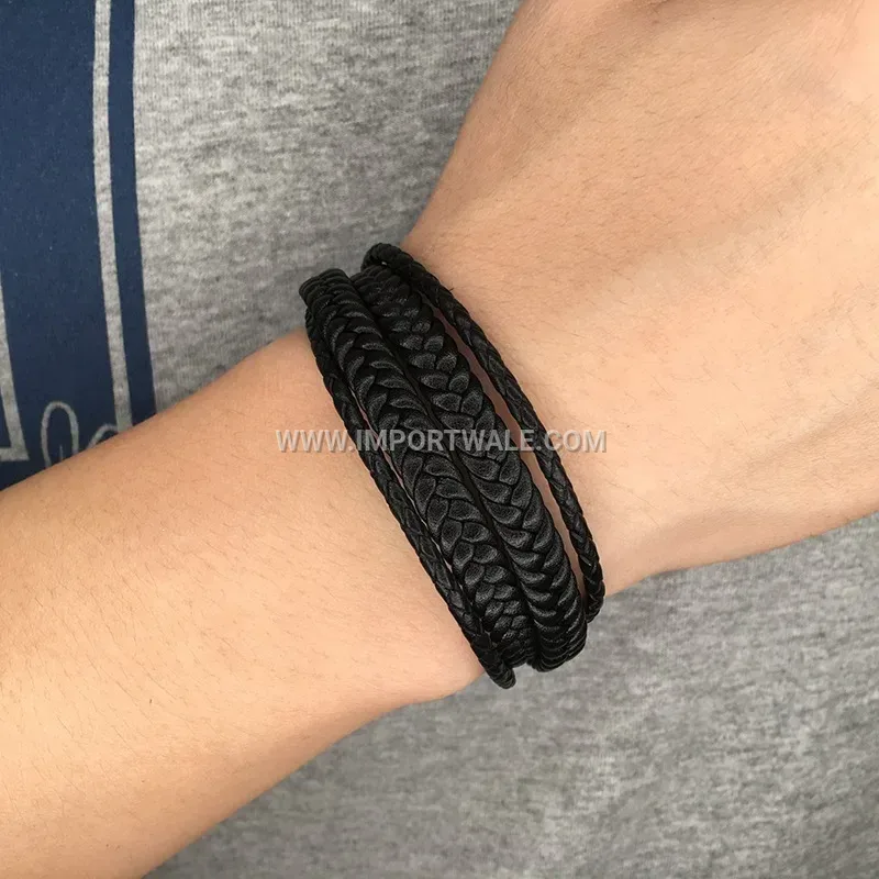 Handmade Woven Leather Bracelet with Stainless Steel Magnetic Clasp