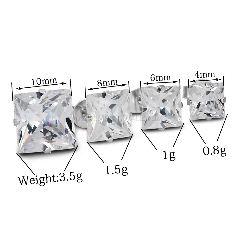 Square Cubic Zirconia Stainless Steel Geometric Stud Earrings