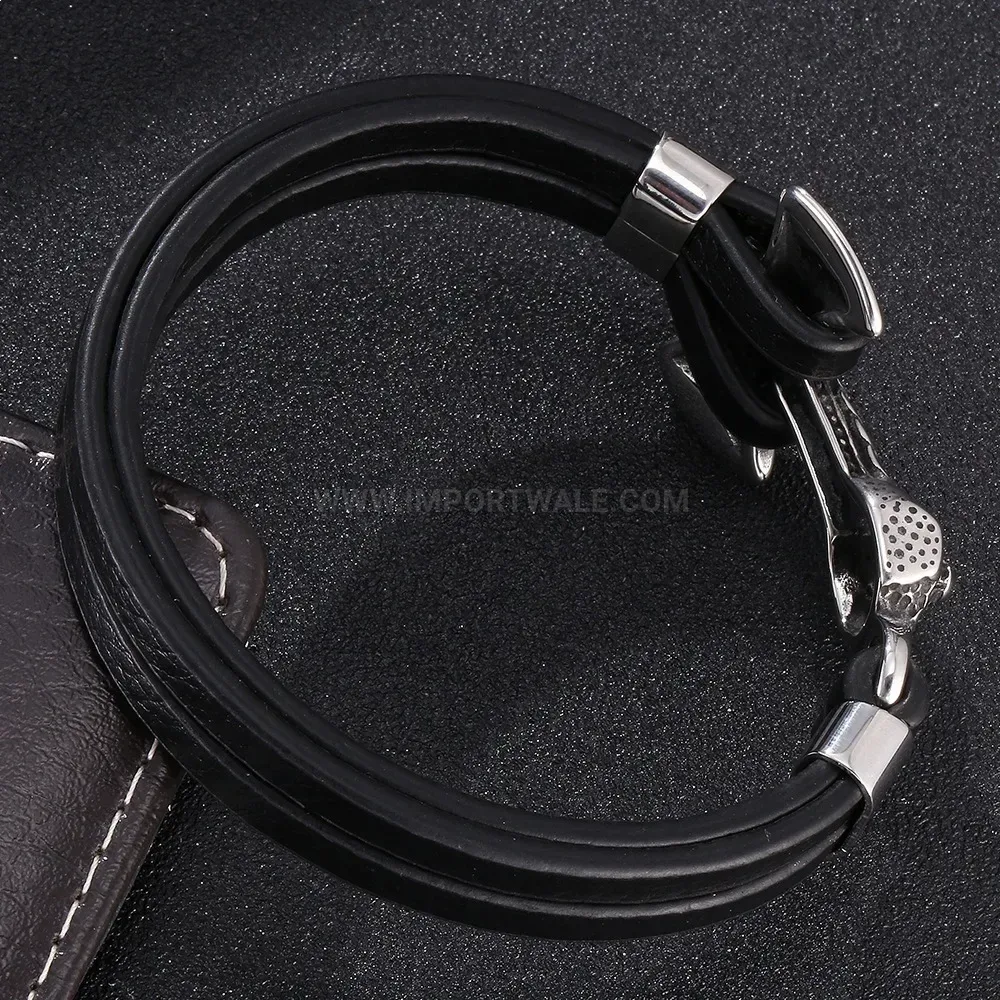 Multilayer Stainless Steel Anchor Hook Braided Leather Bracelet