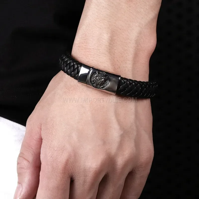 Owl Animal Accent Stainless Steel Leather Wristband Bracelet