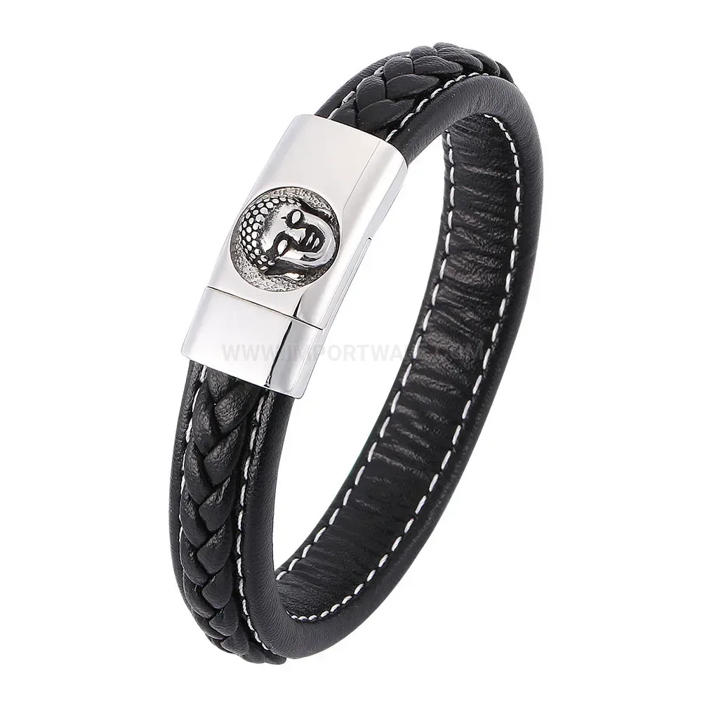 Braided Black Leather Buddha Head Stainless Steel Magnetic Clasp Bracelet
