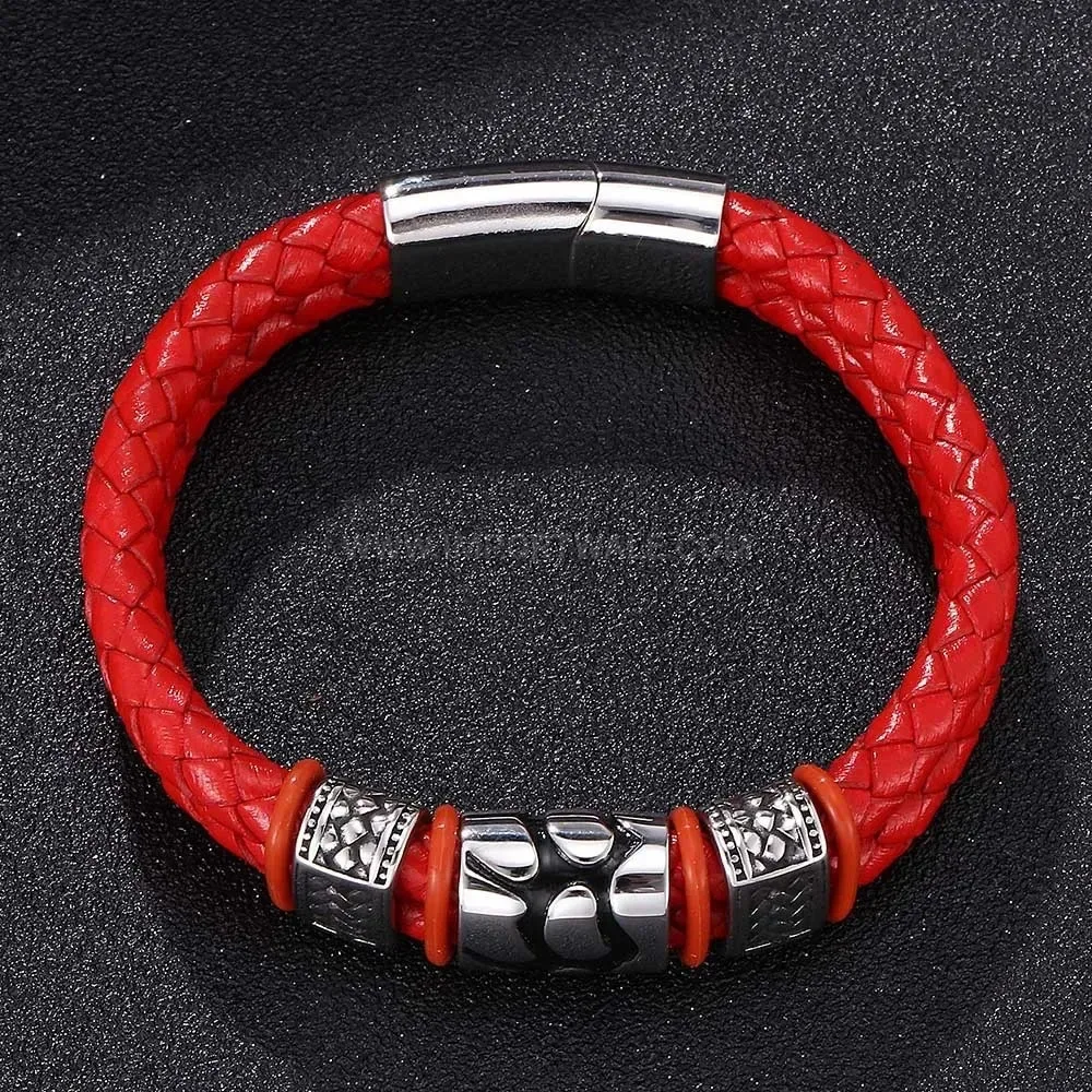 Double-Layer Patterned Leather Bracelet with Stainless Steel Magnetic Clasp