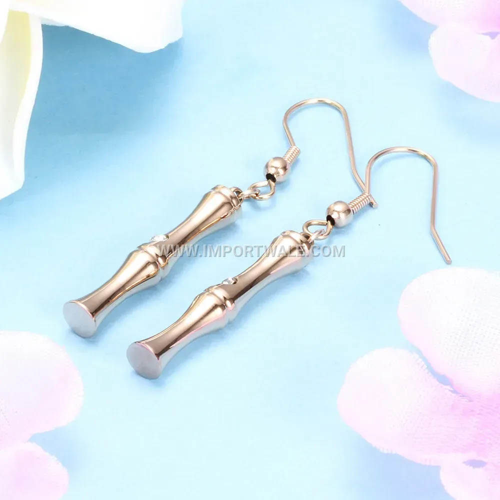 Rose Gold Stainless Steel Bamboo Motif Crystal Stud Earrings