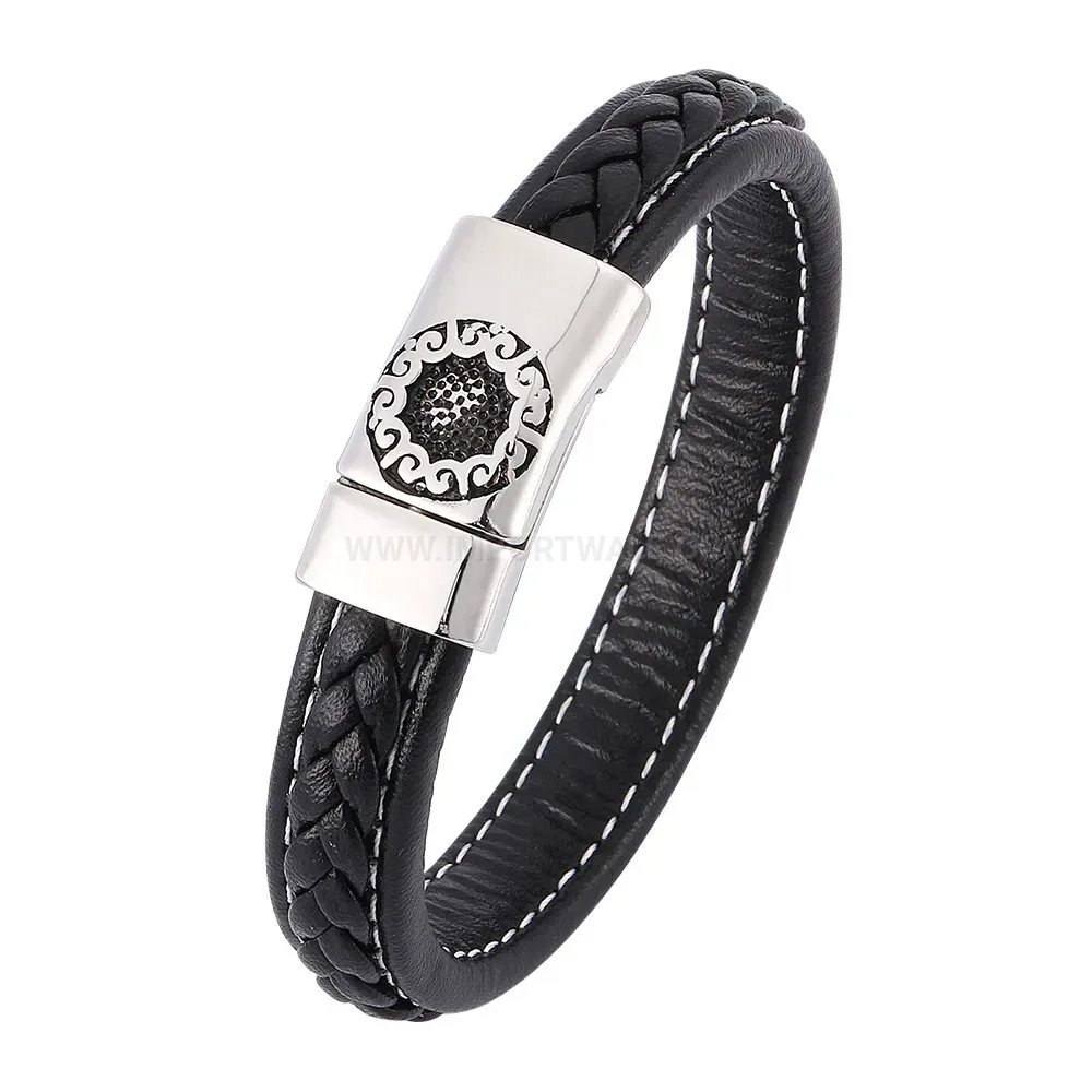 Contemporary Black Leather Band Bracelet with Stainless Steel Magnetic Clasp