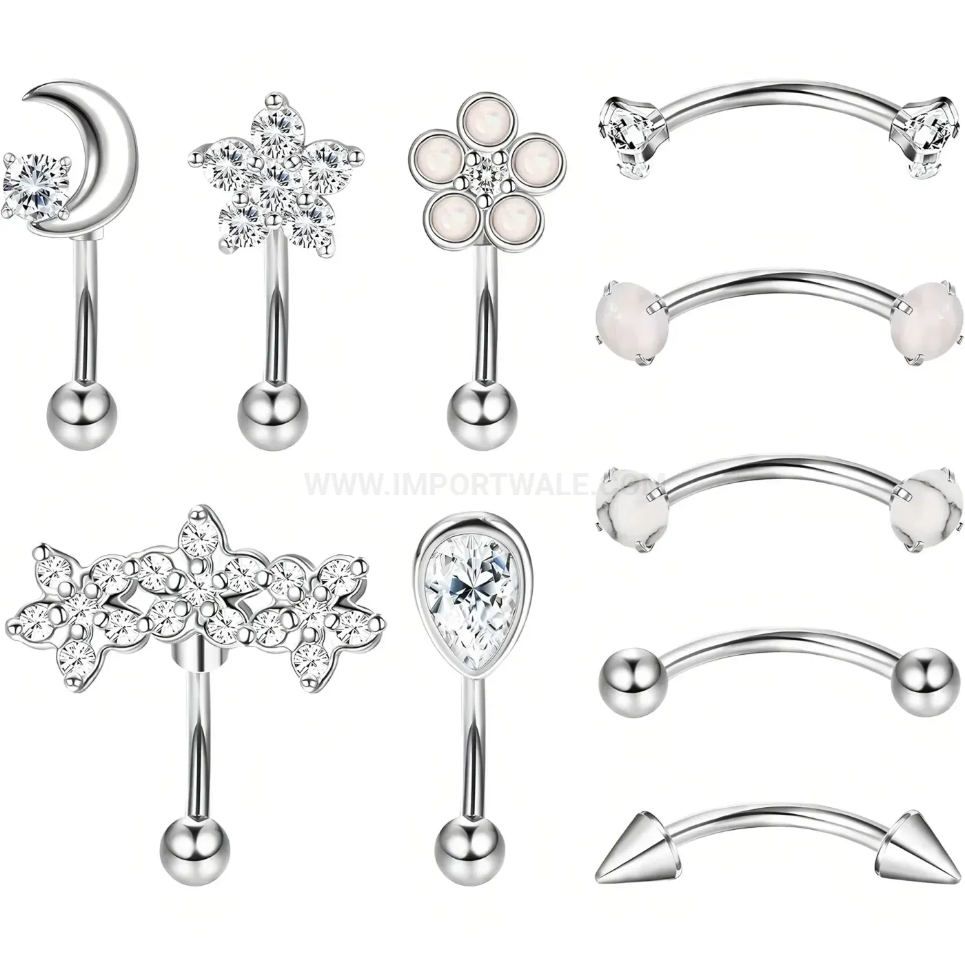 Elegant Cubic Zirconia Crescent Flower Stainless Steel Body Piercing Set