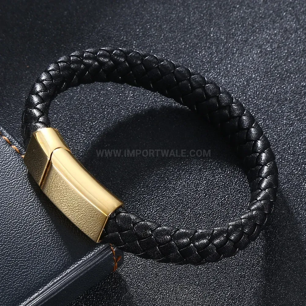 Braided Leather Wristband with Gold Plated Stainless Steel Magnetic Clasp