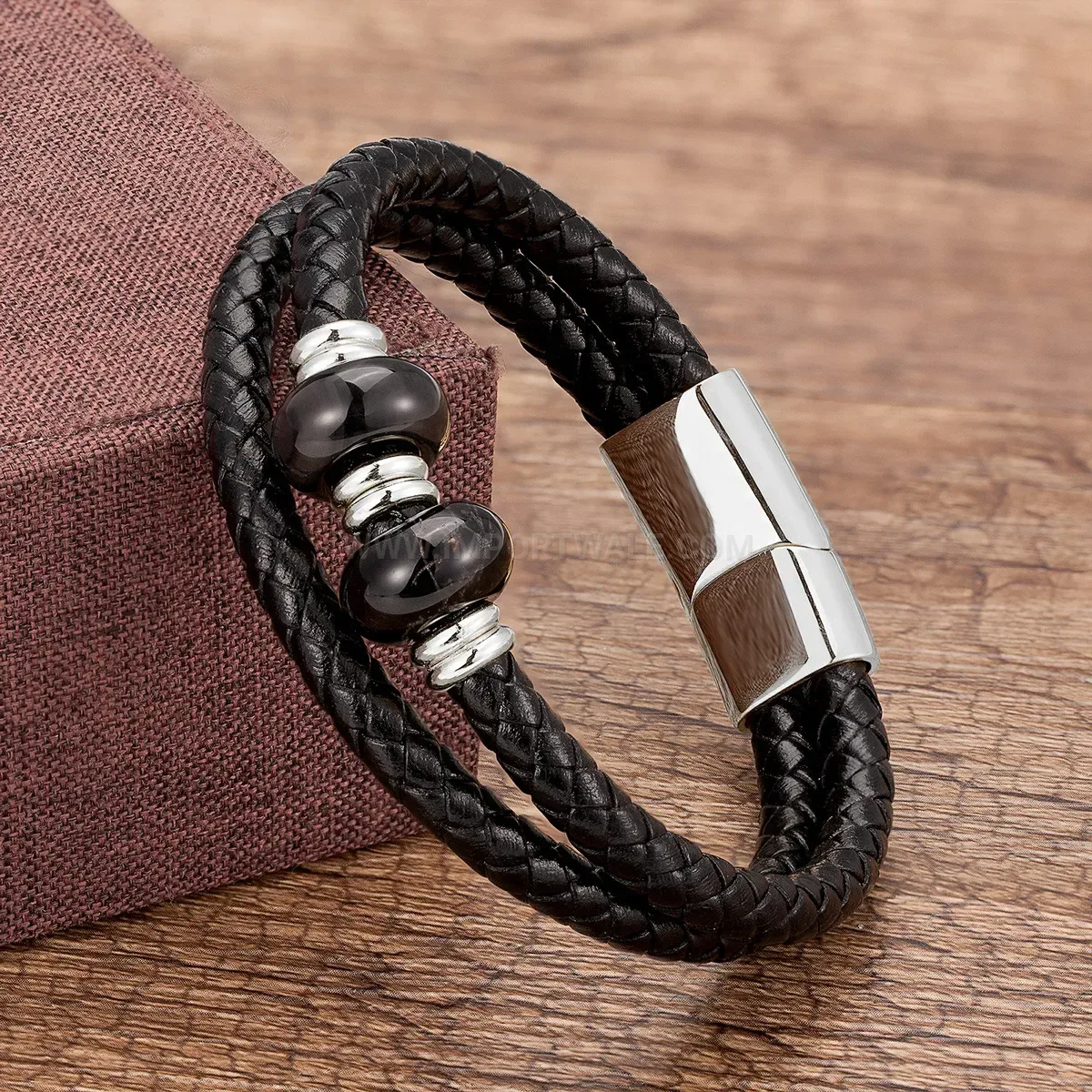 Double Layer Hand Woven Leather and Natural Stone Bracelet