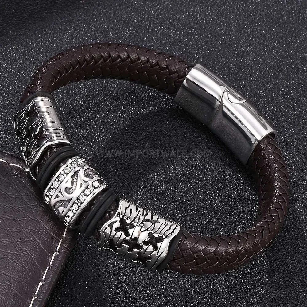 Elegant Men's Geometric Stainless Steel Clasp Braided Leather Bracelet