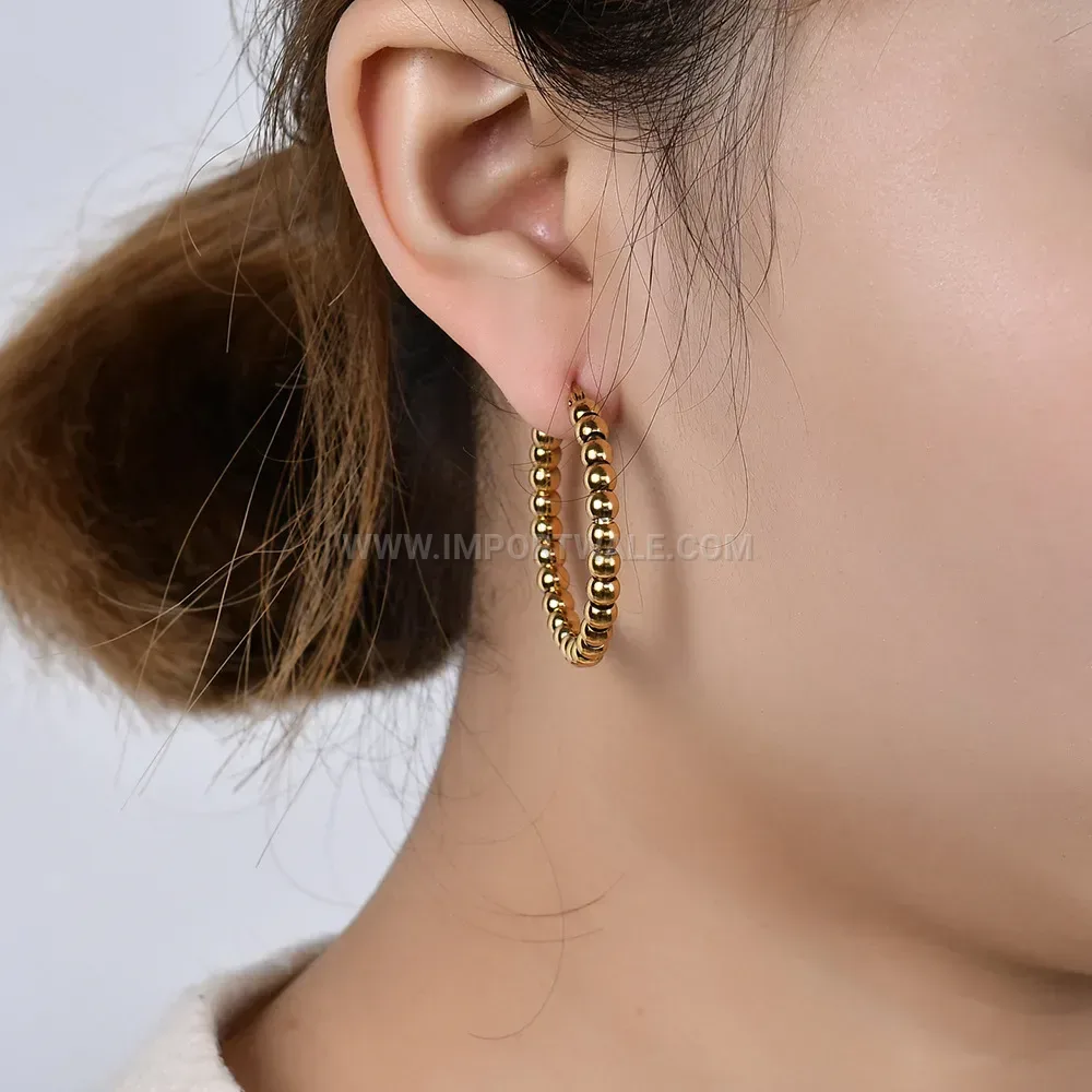 Minimalist 14K Gold Plated Stainless Steel C-Shape Round Bead Hoop Earrings