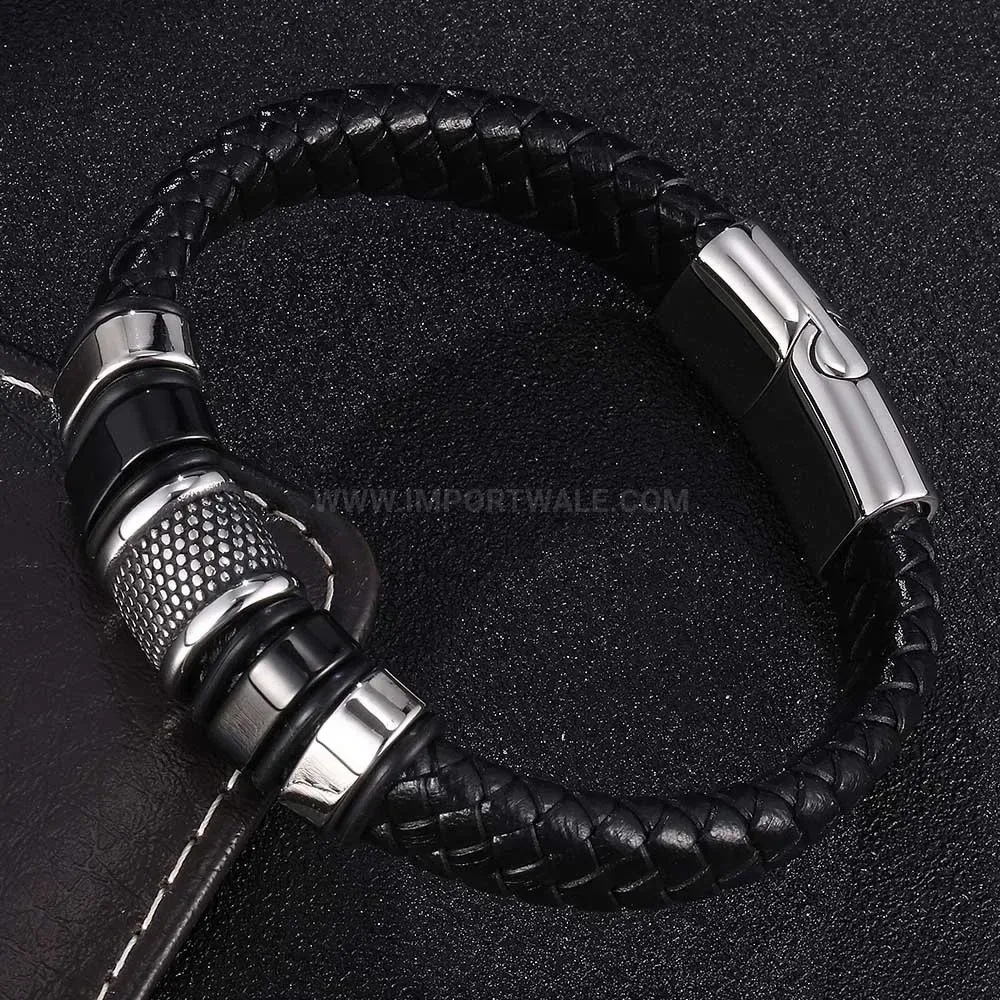 Woven Black Leather Wristband with Electroplated Stainless Steel Detail
