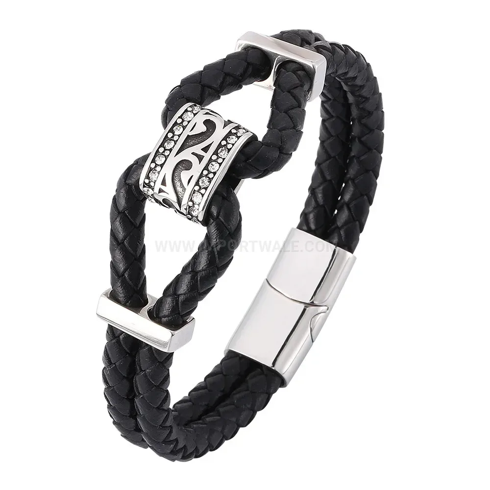 Woven Leather and Stainless Steel Punk Style Clasp Wrap Bracelet