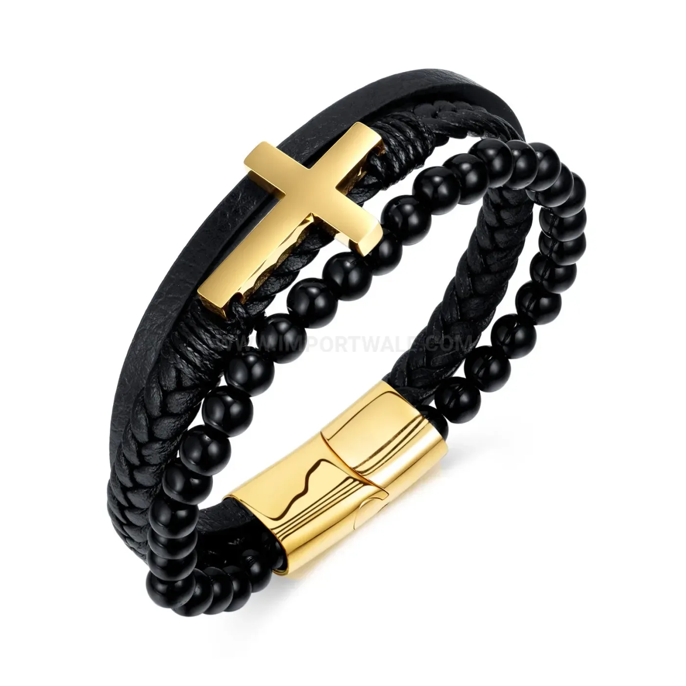 Modern Multi Layer Braided Leather Cross Bracelet with Natural Stone Accent
