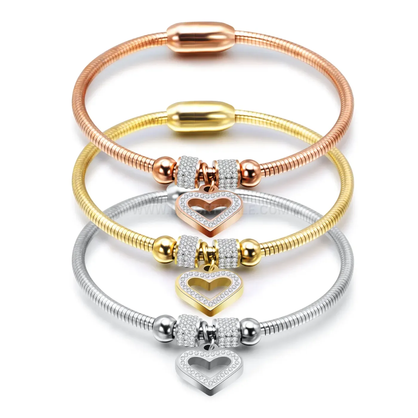 Classic Stainless Steel Heart Rhinestone Snake Chain Magnetic Bracelet