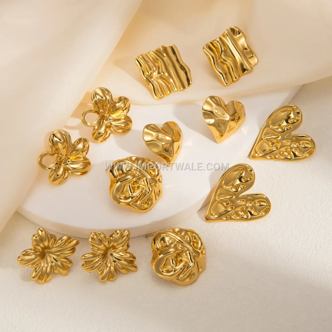 18K Gold Plated Textured Stainless Steel Geometric Stud Earrings