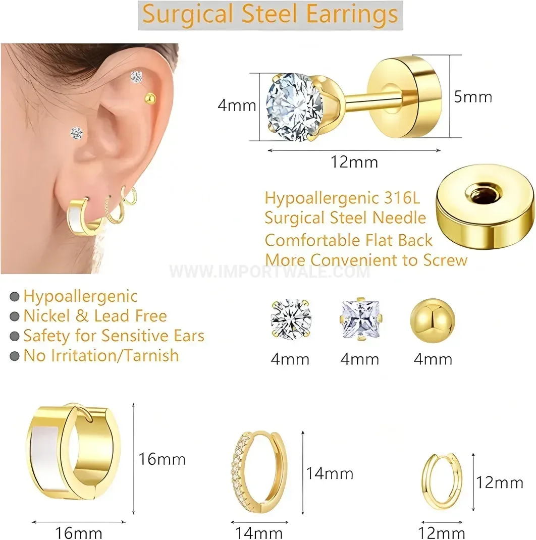 Bold AAA Cubic Zirconia Titanium Steel Cartilage Earring Set