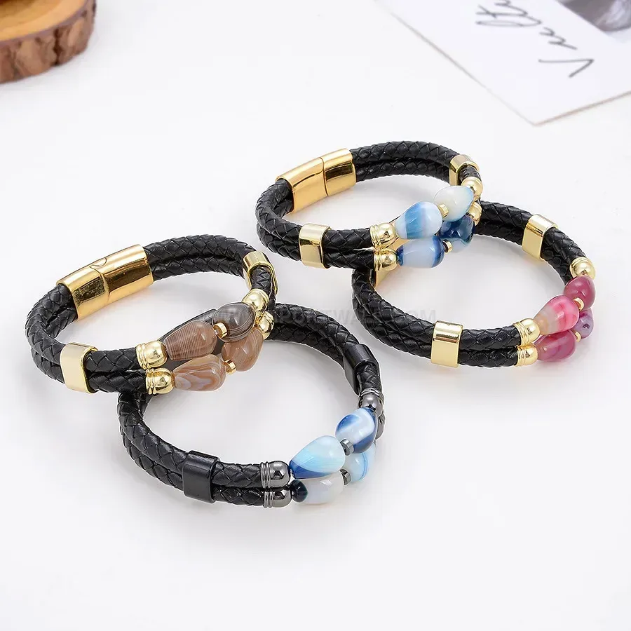 Double-Layer Woven Leather Stone Bracelet with Steel Buckle