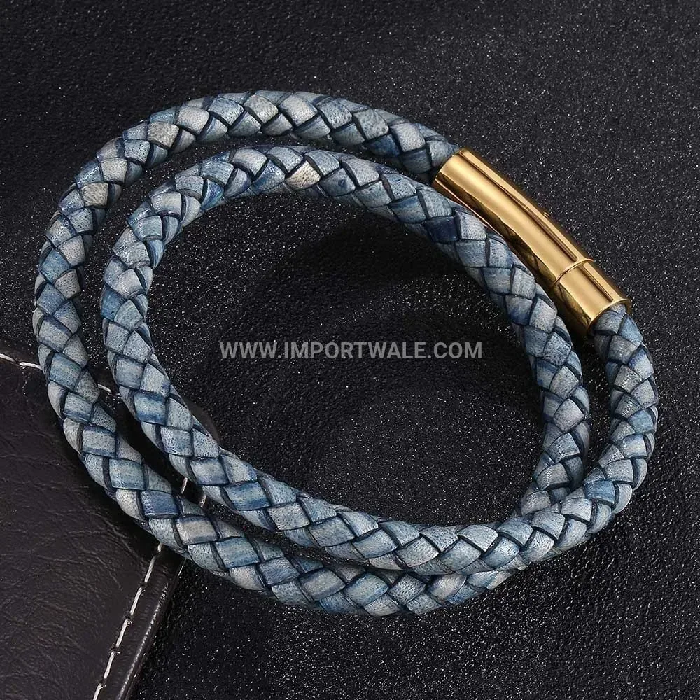 Double Wrap Vintage Leather Stainless Steel Gold Accented Cuff Bracelet