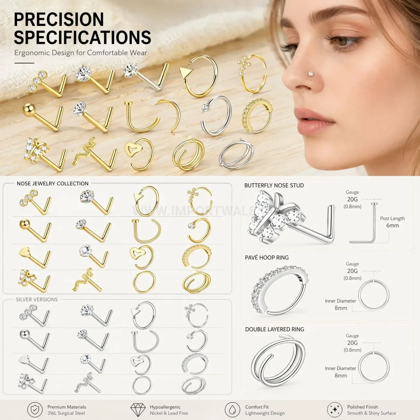 Modern Geometric Stainless Steel L-Shaped Nose Ring and Stud Set