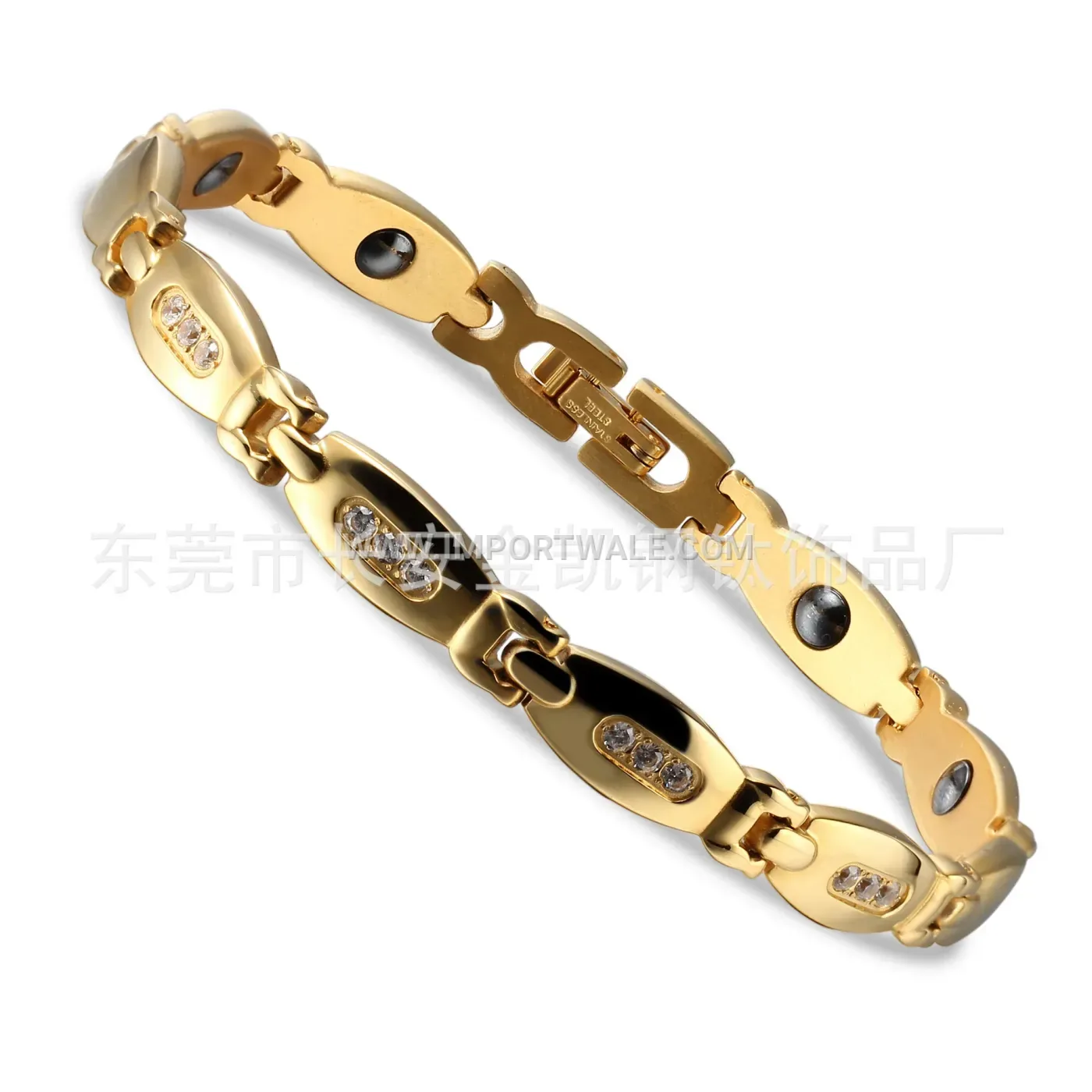 Gold Titanium Steel Oval Link Crystal Magnetic Bracelet